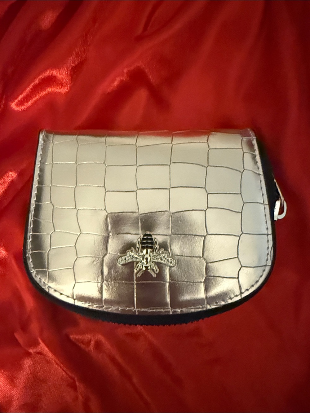 Croc-Embossed Metallic Clutch with Bee Accent - Gold Leather